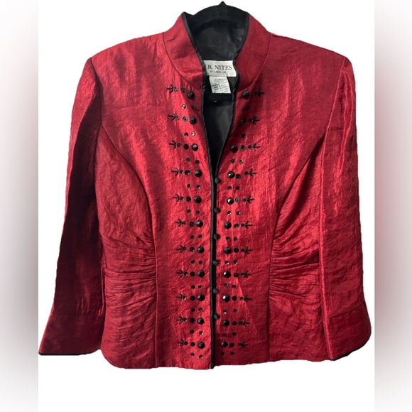 J. R. Nites by Carol Lin Burgundy Red & Black Jacket Size 10 90s Mandarin Dressy - Picture 1 of 7